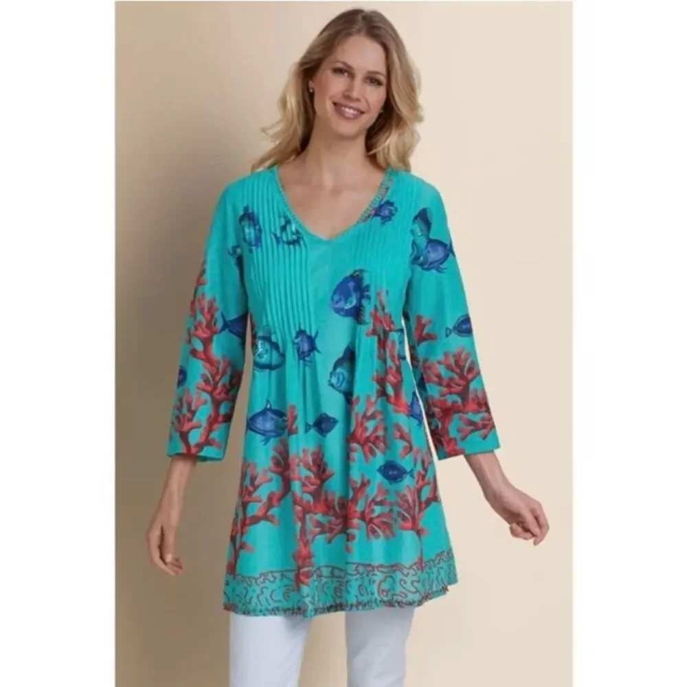 Soft Surroundings Turquoise Cotton Coral Fish Tunic Dress V-Neck Pintuck Small